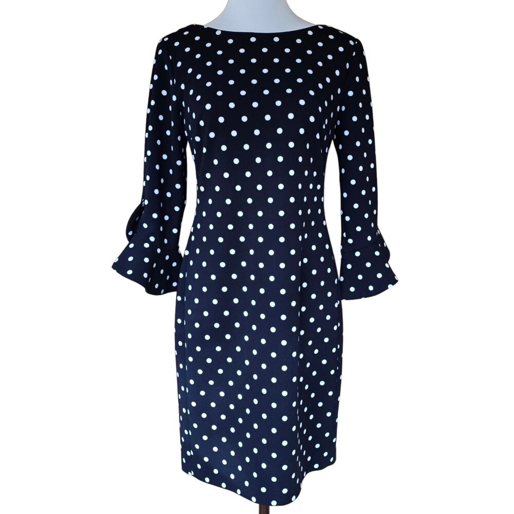 Tulip Sleeve PolkaDot Dress Karl Lagerfeld Paris Size 4 Navy Blue White Stretch